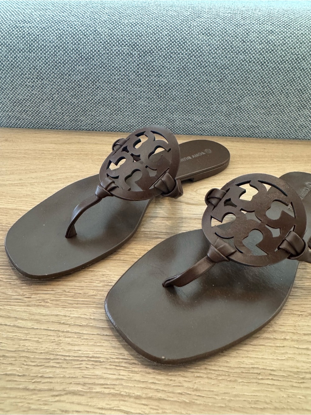 Tory Burch Brown Leather Logo Thong Sandals